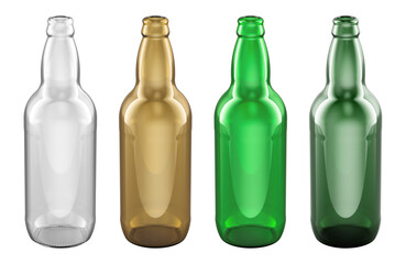 Beer bottles set, four glass colors. 3D rendering