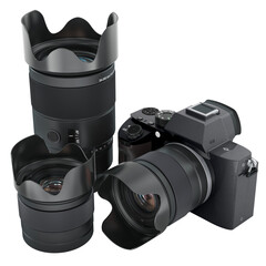 Digital camera and three lenses with petal lens hoods, professional photography equipment, 3D...