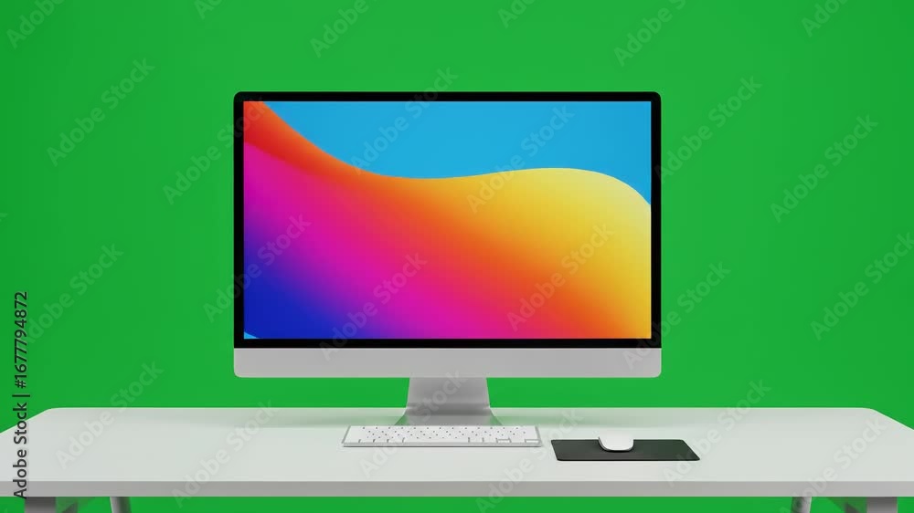 Poster ** [desktop computer displaying a modern abstract wallpaper against a green screen backdrop on a whi