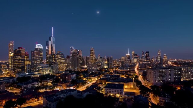Breathtaking Timelapse of a Modern City Skyline from a Golden Sunset to a Deep Blue Twilight.