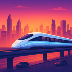 High-Speed Rail Through City Skyline at Sunset