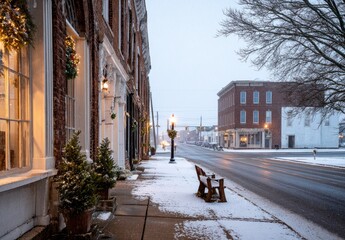 Snow-covered town street at dawn.  Cozy shops with warm lights