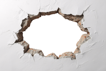 A broken white wall reveals the exposed hole of cement inside.