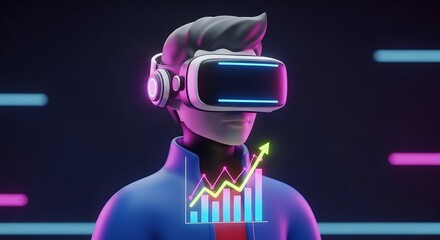 VR Headset User with Financial Growth Graph.