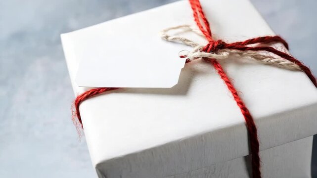 Small white gift box with red twine and blank tag on grey background