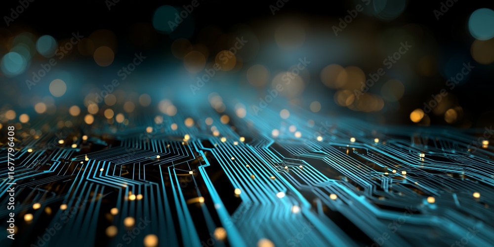 Poster abstract circuit board with glowing nodes and intricate pathways in blue and gold hues, concept for 