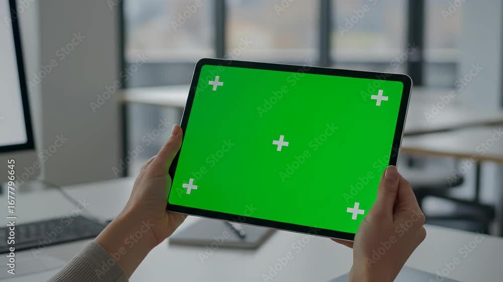 Poster tablet display: close-up of hands holding a horizontal tablet with green screen for app or website i