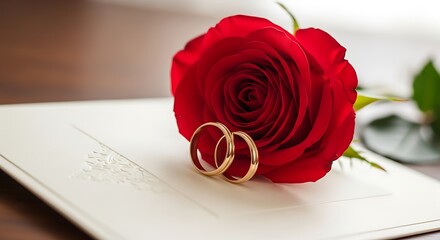 Wedding Rings and Red Rose on a Card.