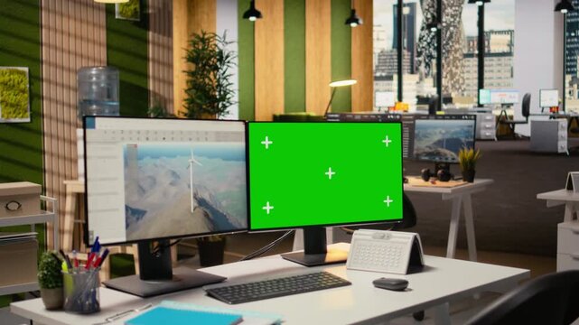 Windmill turbine electricity generator simulation on isolated screen PC in RD office. CAD program interface on chroma key computer display supporting alternative energy engineering