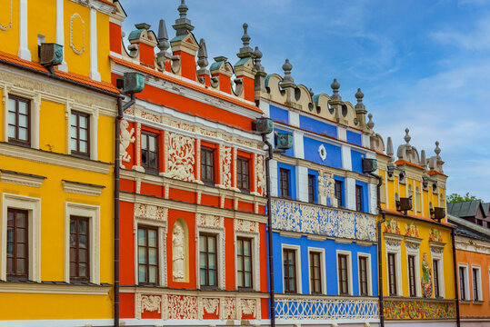 Colourful houses at Rynek square in Zamosc, Poland