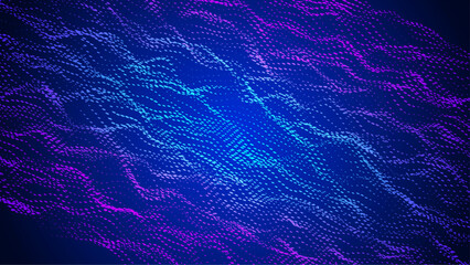 Abstract Wave Pattern With Dot. Blue And Purple Big Data Background For Ai Concept. Tech Sound Design.  Communication Cover In Flux With Cosmic Neon Stream. Wavy Dots Noise Bg.