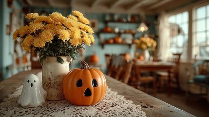 Home interior scene with a Halloween pumpkin face, a small ghost, and yellow chrysanthemums in a vase