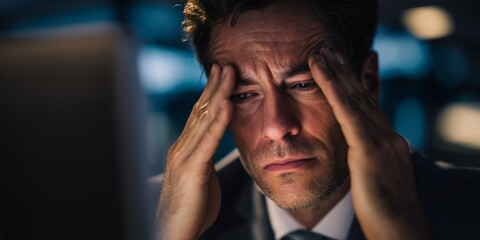Stressed businessman massages temples in dark office light, concept for work exhaustion, corporate burnout and job market pressure