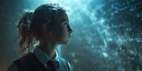 Young girl gazes at illuminated chalkboard covered in complex mathematical equations. Concept for scientific research, education advancement, and futuristic problem solving, back to school