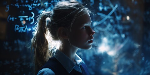 Young girl stares intently at a glass board covered in mathematical equations in blue light. Concept for education, scientific discovery and future research, back to school