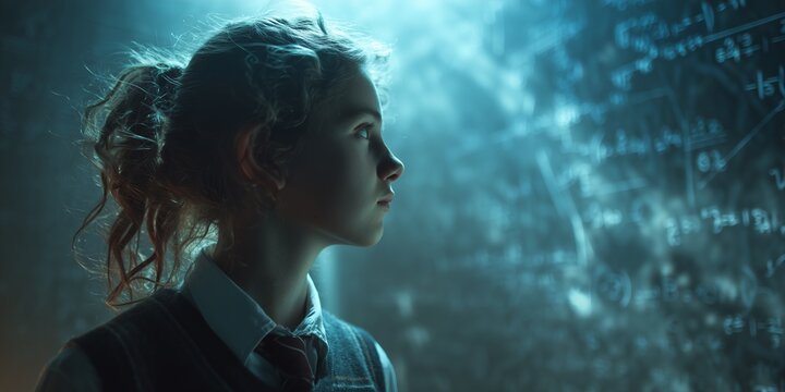 Young girl gazes at illuminated chalkboard covered in complex mathematical equations. Concept for scientific research, education advancement, and futuristic problem solving, back to school - Powered by Adobe
