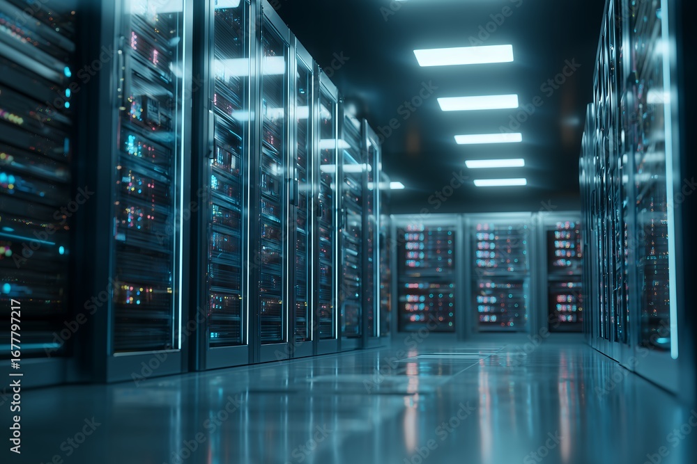 Poster server room with rows of computer racks, showing glowing lights on the panels and a shiny floor. con