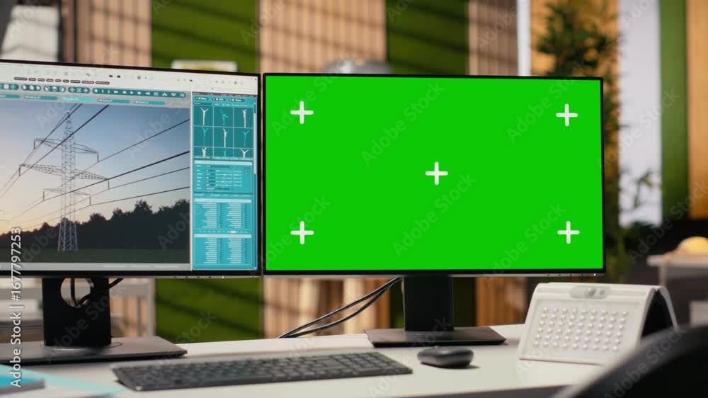 Poster digital modeling tool on isolated screen computer used for smart electric grid development in office
