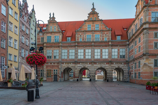 Sunrise view of Green gate from Dlugi Targ square in Gdansk, Pol