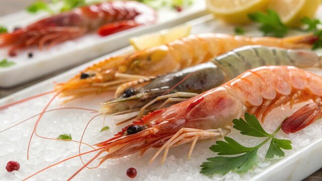 Large fresh shrimp close-up lying in ice.