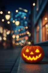 Glowing jack-o'-lantern on a city street with festive lights in the evening atmosphere