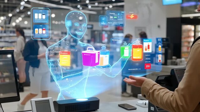 Futuristic Shopping Experience with Holographic Technology in Modern Retail