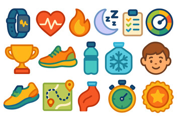 Fototapeta premium Fitness and health filled icon set. exercise, wellness, nutrition icons collection