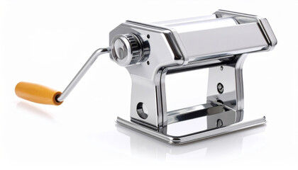 Gleaming pasta machine with wooden handle, reflecting on a white surface