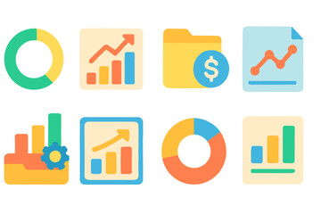Business, data analysis, and chart flat icon set for financial presentations