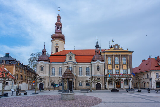 Sunrise view of the main square in Polish town Pszczyna, Poland