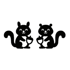 Vector art of two black silhouette squirrels holding acorns