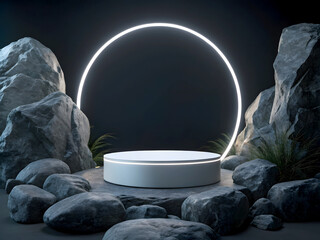 A modern, minimalistic product display scene with a sleek circular podium surrounded by dark textured rocks