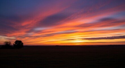 Obraz premium Vibrant Sunset Sky with Streaking Clouds Over Silhouetted Landscape.