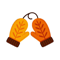 Vector art of pair of orange and yellow knitted mittens with leaf pattern