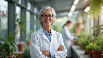 Smiling female scientist in a greenhouse