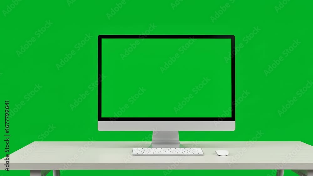 Poster desktop computer with green screen on a clean, modern desk setup for display insertion, ideal for te