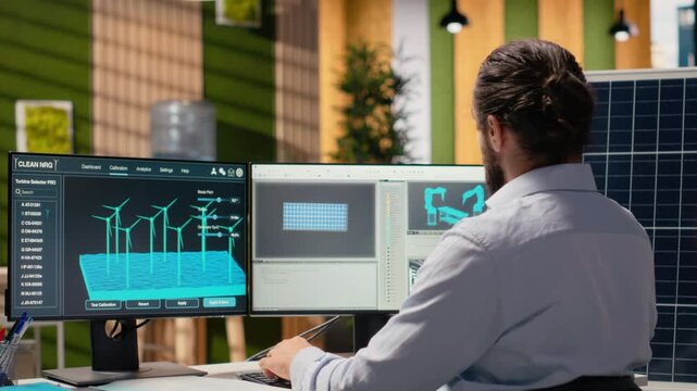 Sustainability RD expert develops integrated clean energy solutions, designing efficient solar panel production lines, simulating wind turbine farms to optimize renewable power generation, camera B