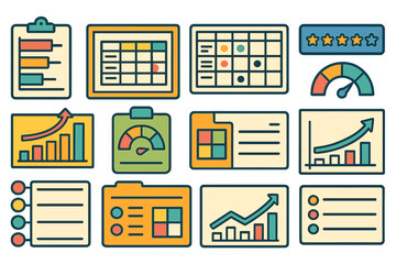 Business statistics icon set: finance data analytics, charts in line style