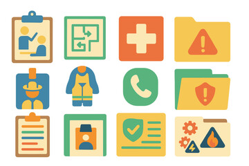 Obraz premium Occupational safety flat icon set. health, protection, and emergency icons collection
