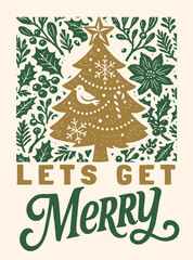 Linocut Merry Christmas Festive Greetings Card