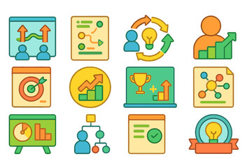 Business growth flat icon set. strategy, achievement, success icons collection