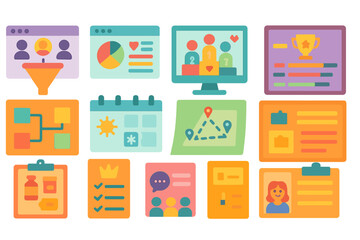 Business analytics flat icon set. data, charts, presentation, planning, management icons