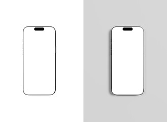 Top view of a two mobile phones with blank screen for mockup. Front view of one phone with transparent background and other with light grey backdrop.