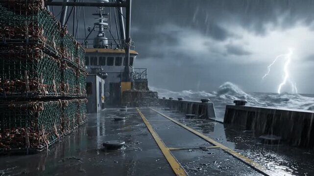 Ship Navigating Through Rough Stormy Seas During Heavy Rain with Dark Cloudy Sky