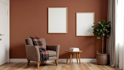 Scandy minimal interior with armchair, table, green plant and painting empty mock up
