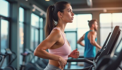 Fototapeta premium Focused woman running on a treadmill in a modern gym