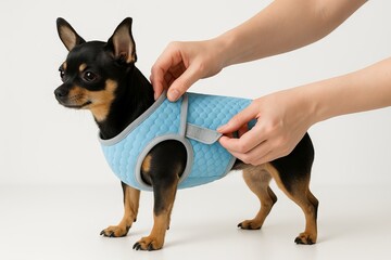 Small dog wearing light blue cooling vest being adjusted by human hands. concept of pet comfort, dog apparel, canine summer care