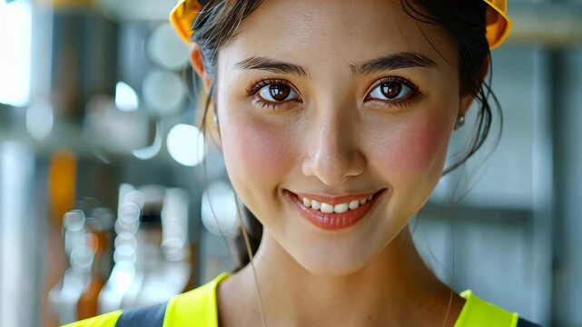 Smiling Constructor: A focused portrait showcases a female constructor beaming with confidence, wearing protective gear and a yellow hard hat.