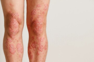 Close-up of human legs with psoriasis on knees showcasing skin condition concept of dermatology, skincare awareness, medical study