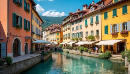 Obraz premium Charming canal-side view of colorful buildings in a picturesque town